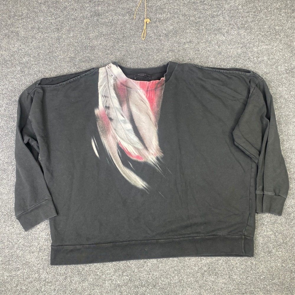AllSaints Penna Unai Sweatshirt Black Feather Print Cold Shoulder Large WG012Q